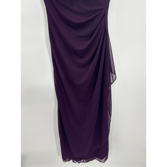 XSCAPE Eggplant Purple Lace Shoulder Ruched Drape Front Maxi Bridesmaid Dress 4 - Picture 4 of 7